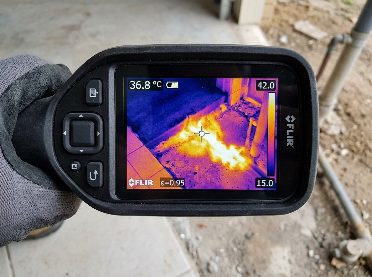 Thermal imaging trace of pressurized pinhole leak under concrete floor
