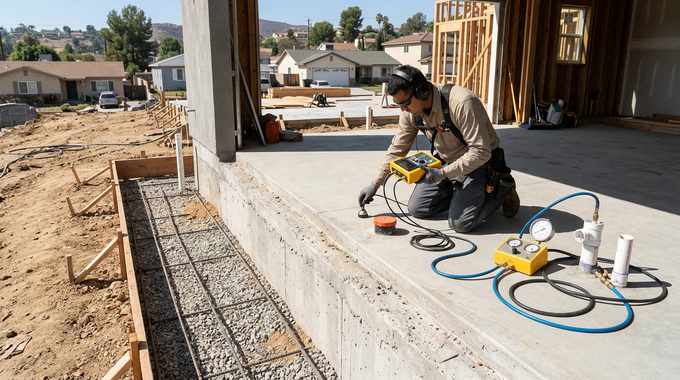 Plumber checking foundation slab leak in a Whittier California home